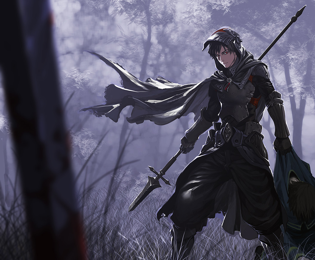 2boys armor black_hair blood blurry blurry_foreground cape commentary_request dragging fantasy helmet male_focus mayumio88 multiple_boys original outdoors partisan_(weapon) pixiv_fantasia pixiv_fantasia_fallen_kings polearm red_eyes solo_focus visor_(armor) weapon