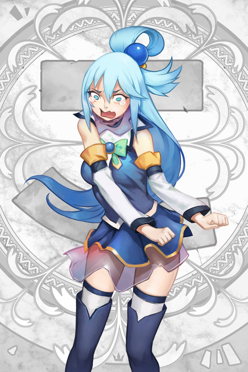1girl aqua_(konosuba) bare_shoulders blue_boots blue_dress blue_eyes blue_hair blue_thighhighs boots clenched_hands commentary_request dancing detached_sleeves dress female_focus hair_between_eyes hair_ornament highres kono_subarashii_sekai_ni_shukufuku_wo! long_hair long_sleeves nikusenpai open_mouth ponytail purple_thighhighs short_dress solo standing tears thigh_boots thighhighs thighhighs_under_boots tomorrow_(konosuba) white_thighhighs wide-eyed