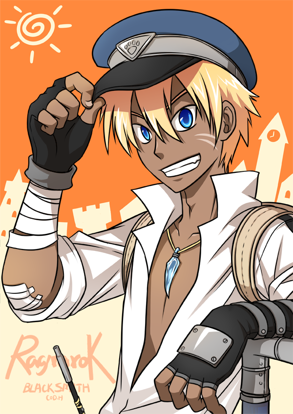 1boy bandages black_gloves blacksmith_(ragnarok_online) blonde_hair blue_eyes blue_gemstone blue_hat character_name chinese_commentary cod.h commentary_request copyright_name dark-skinned_male dark_skin fingerless_gloves gauze_on_elbow gem gloves grin hair_between_eyes hat jewelry looking_at_viewer male_focus necklace orange_sky peaked_cap ragnarok_online shirt short_hair short_sleeves sky smile solo sun upper_body white_shirt
