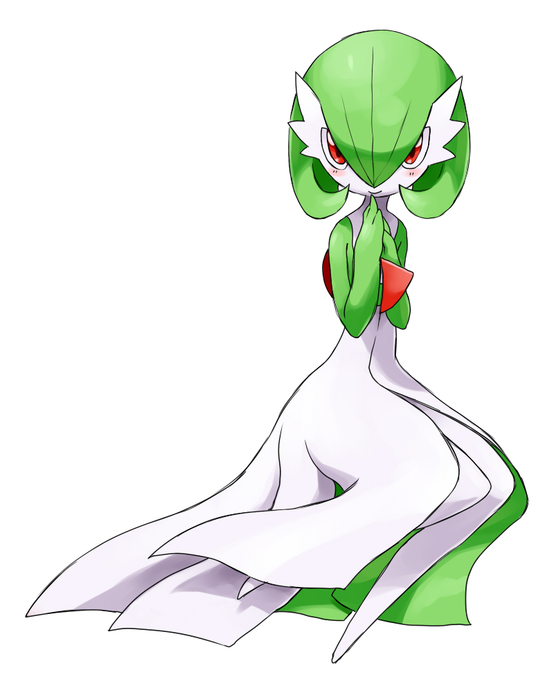 blush bob_cut colored_skin dress gardevoir gen_3_pokemon good_frog green_hair green_skin looking_at_viewer multicolored_skin nintendo own_hands_together pokemon pokemon_(creature) red_eyes simple_background two-tone_skin white_background white_dress white_skin
