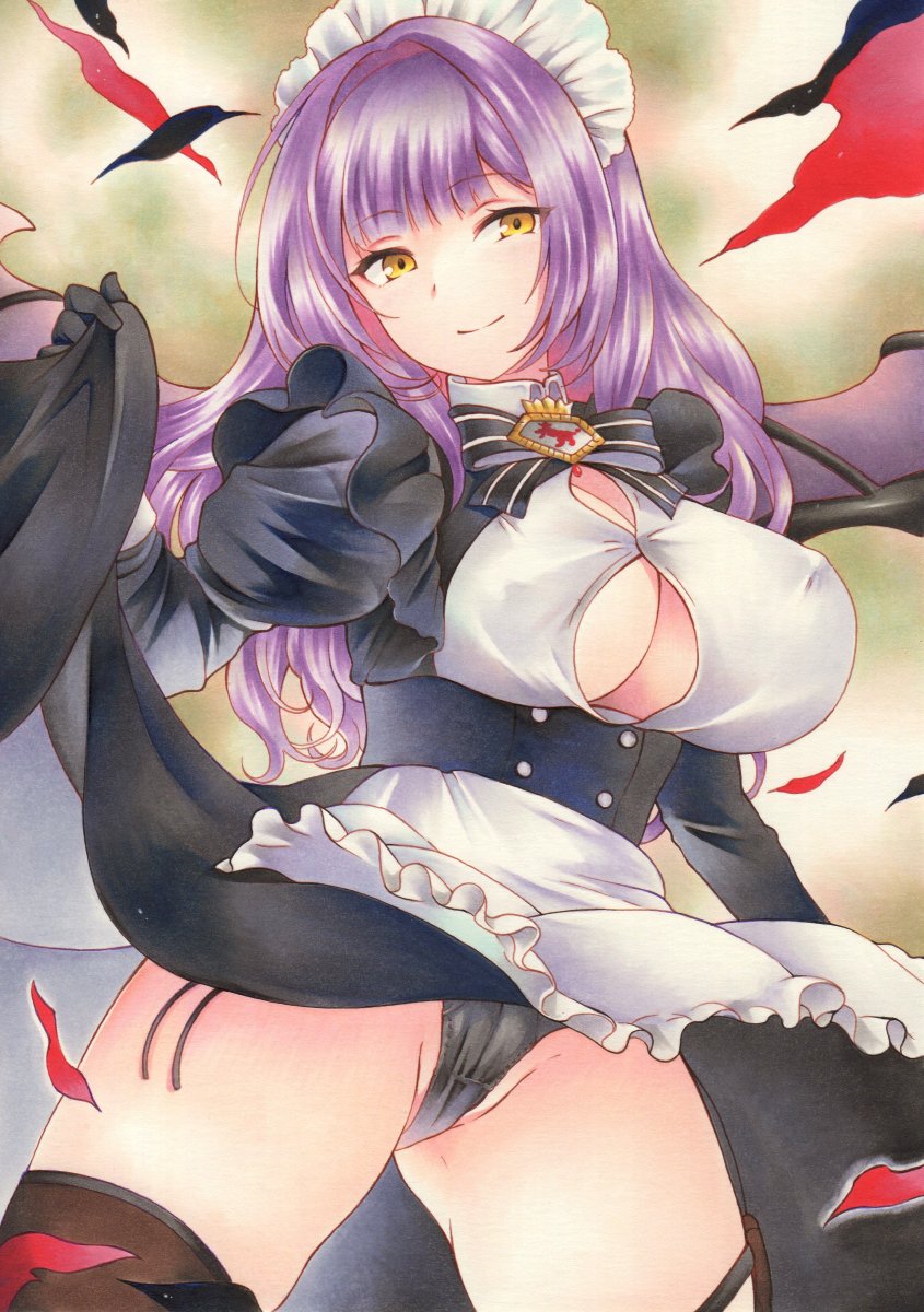 1girl apron azur_lane black_bow black_bowtie black_gloves black_panties black_thighhighs bow bowtie breasts cleavage closed_mouth clothes_lift covered_erect_nipples devonshire_(azur_lane) dress dress_lift emblem gloves gluteal_fold groin hair_intakes hands_up highres large_breasts long_hair looking_at_viewer maid maid_headdress marker_(medium) panties purple_hair saya_pr side-tie_panties smile solo thighhighs traditional_media underwear waist_apron white_apron yellow_eyes