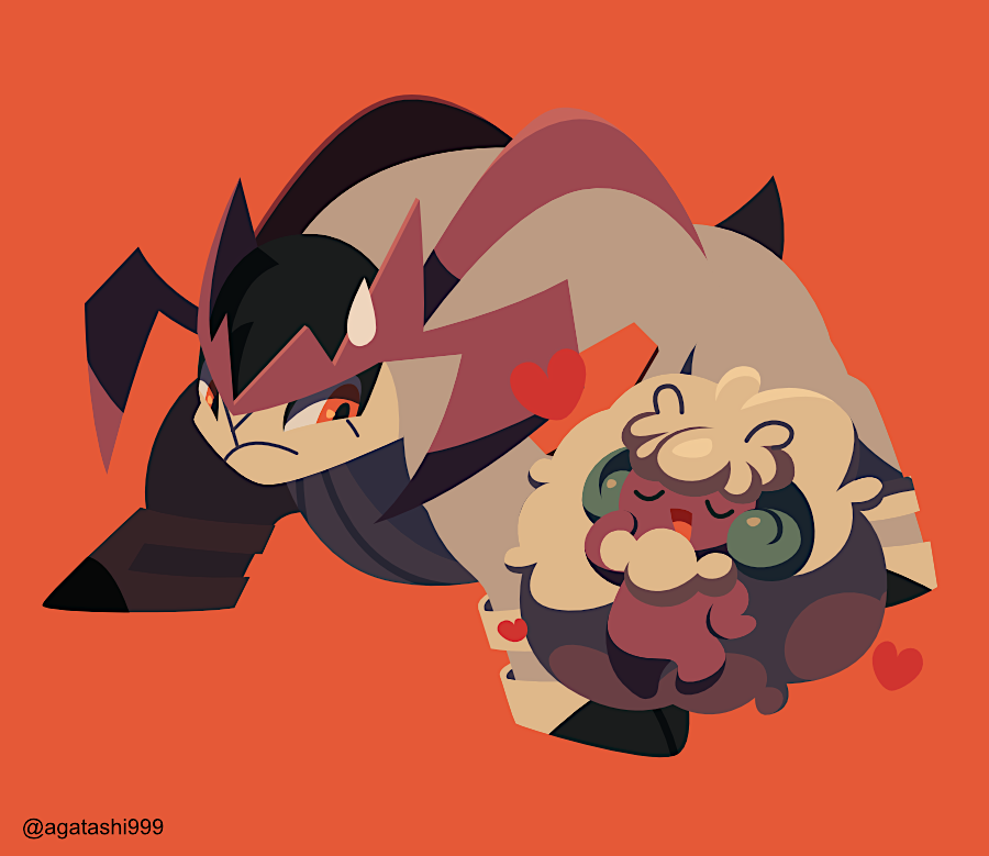 creature full_body gameplay_mechanics gen_5_pokemon heart hisashi999 horns legendary_pokemon looking_at_another nintendo no_humans orange_background pokemon pokemon_(creature) smile standing tag_team teamwork terrakion whimsicott