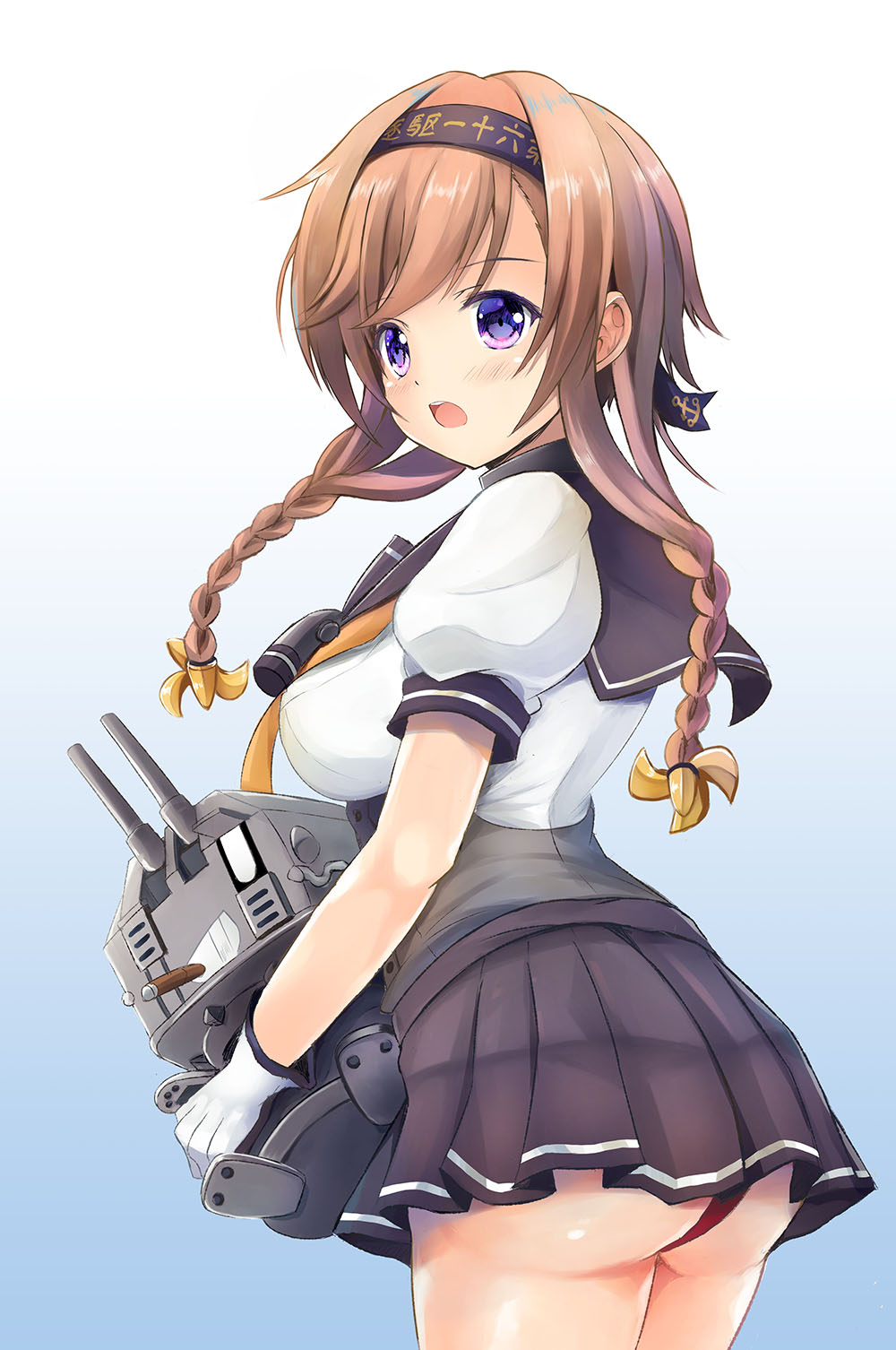 1girl anchor_symbol ass black_hairband black_ribbon black_sailor_collar black_skirt blue_background blush braid breasts brown_hair chou-10cm-hou-chan chou-10cm-hou-chan_(akizuki&#039;s) chou-10cm-hou-chan_(teruzuki&#039;s) commentary_request cowboy_shot curvy gloves gradient_background hachimaki hair_ornament hair_ribbon hairband headband highres holding kantai_collection long_hair looking_away looking_to_the_side low_twintails medium_breasts open_mouth orange_neckwear panties pleated_skirt propeller_hair_ornament puffy_short_sleeves puffy_sleeves purple_eyes red_panties ribbon round_teeth sailor_collar school_uniform serafuku shirt short_sleeves skirt staryume teeth teruzuki_(kancolle) twin_braids twintails underwear upper_teeth_only white_background white_gloves white_shirt