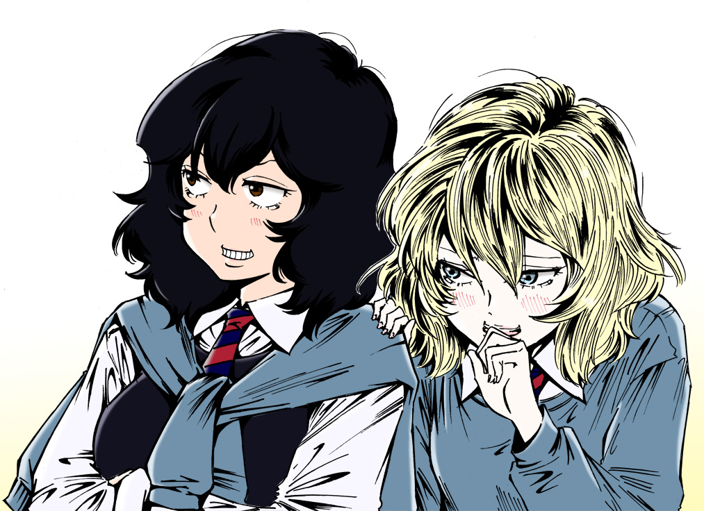 2girls andou_(girls_und_panzer) bc_freedom_school_uniform black_hair blonde_hair blue_eyes blush brown_eyes dark-skinned_female dark_skin girls_und_panzer hand_on_another&#039;s_shoulder hand_to_own_mouth long_sleeves looking_to_the_side medium_hair multiple_girls necktie oshida_(girls_und_panzer) s590220 school_uniform simple_background smile sweater sweater_around_neck teeth vest white_background