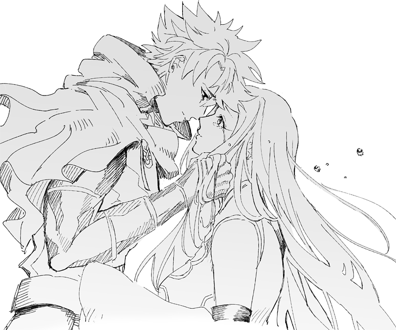 1boy 1girl armor bad_id bad_pixiv_id breastplate breasts capelet crying dress_of_heaven emiya_kiritsugu emiya_kiritsugu_(assassin) eye_contact fate/grand_order fate_(series) greyscale hetero irisviel_von_einzbern irisviel_von_einzbern_(caster) kouya_(kyk428) large_breasts long_hair looking_at_another monochrome streaming_tears tears wide_sleeves