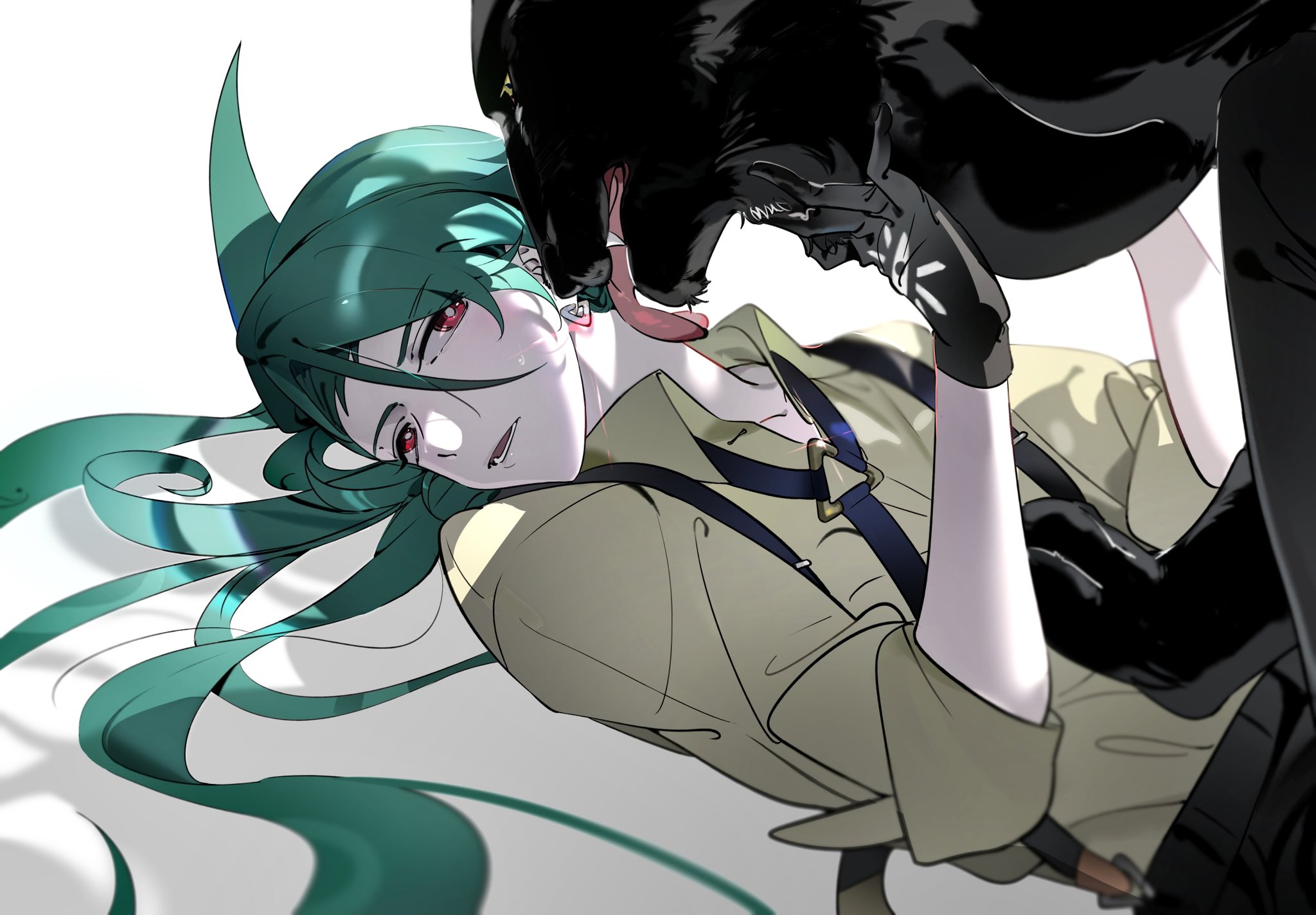1girl ahoge black_necktie black_pants blurry bright_pupils collarbone collared_shirt creatures_(company) dog earrings game_freak geetasdog gloves green_hair highres jewelry long_hair lower_teeth_only lying necktie nintendo on_back open_mouth pants pokemon pokemon_sv red_eyes rika_(pokemon) shirt teeth