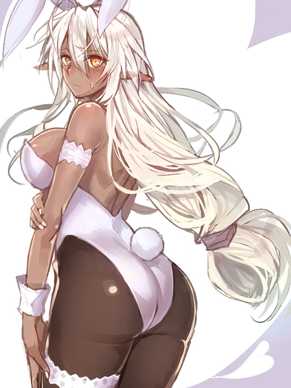 1girl animal_ears ass bare_shoulders blush breasts dark-skinned_female dark_elf dark_skin elf fake_animal_ears female_focus large_breasts leotard long_hair looking_at_viewer looking_back nervous pantyhose playboy_bunny pointy_ears rabbit_ears rabbit_tail sansei_muramasa shiny_clothes sideboob solo soukou_akki_muramasa standing sweat tail tenkuu_sphere white_hair wrist_cuffs yellow_eyes