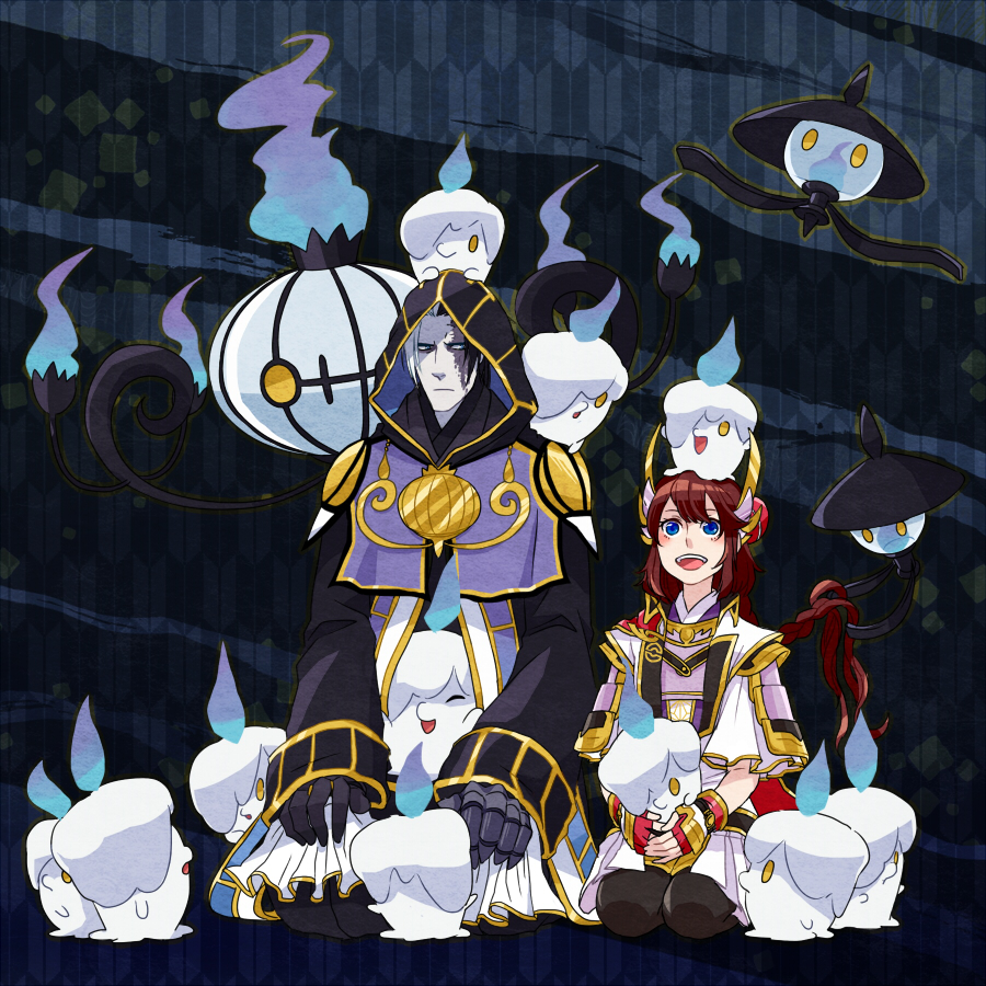 armor black_thighhighs blue_eyes blush braid braided_ponytail braiding_hair breastplate brown_hair cape chandelure coat fingerless_gloves frilled_sleeves frills gen_5_pokemon gloves gold_trim hair_between_eyes hair_ornament hairdressing heroine_(pokemon_conquest) high_collar holding holding_pokemon hood japanese_clothes kimono kneeling kuroda_kanbei lampent litwick long_hair long_sleeves looking_to_the_side matatabi_nia multicolored_hair nintendo on_head on_lap pleated_skirt poke_ball_symbol pokemon pokemon_(creature) pokemon_conquest pokemon_on_head pokemon_on_lap ponytail red_cape sengoku_musou skirt smile thighhighs two-tone_hair