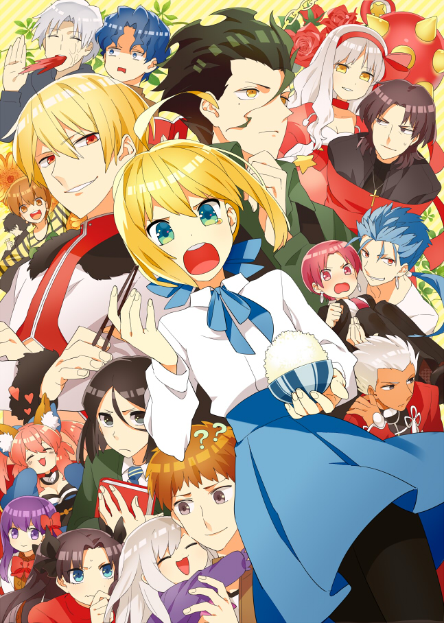 10s 6+boys 6+girls ? ahoge animal_ears archer_(fate) artoria_pendragon_(fate) bazett_fraga_mcremitz black_eyes black_hair blonde_hair blue_dress blue_eyes blue_hair book bow brown_hair caren_hortensia cu_chulainn_(casual_wear)_(fate) cu_chulainn_(fate) cu_chulainn_(fate/stay_night) diarmuid_ua_duibhne_(fate) diarmuid_ua_duibhne_(lancer)_(fate) dress emiya_kiritsugu emiya_shirou everyone fate/extra fate/hollow_ataraxia fate/stay_night fate/tiger_colosseum fate/zero fate_(series) fox_ears fujimura_taiga gilgamesh_(fate) green_eyes green_hair grey_eyes gum_(gmng) gumidemo_kandero hair_bow hairband illyasviel_von_einzbern kotomine_kirei long_hair magical_caren matou_kariya matou_sakura matou_sakura_(fate/extra) matou_shinji multiple_boys multiple_girls official_alternate_costume open_mouth pantyhose pink_eyes pink_hair purple_eyes purple_hair red_eyes rice saber_(fate) short_hair tamamo_(fate) tamamo_no_mae_(fate) tears tohsaka_rin twintails waver_velvet wavy_hair white_hair yellow_eyes