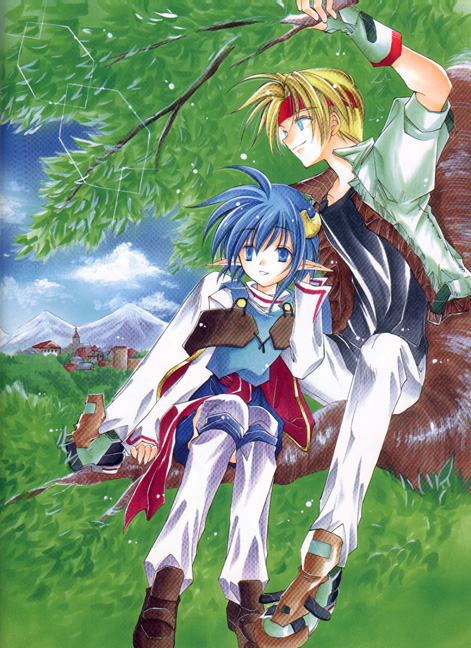 00s 1990s_(style) 1boy 1girl azuma_mayumi blue_eyes blue_hair claude_c._kenny cloud crescent crescent_hair_ornament day hair_ornament pointy_ears rena_lanford retro_artstyle star_ocean star_ocean_ex star_ocean_the_second_story