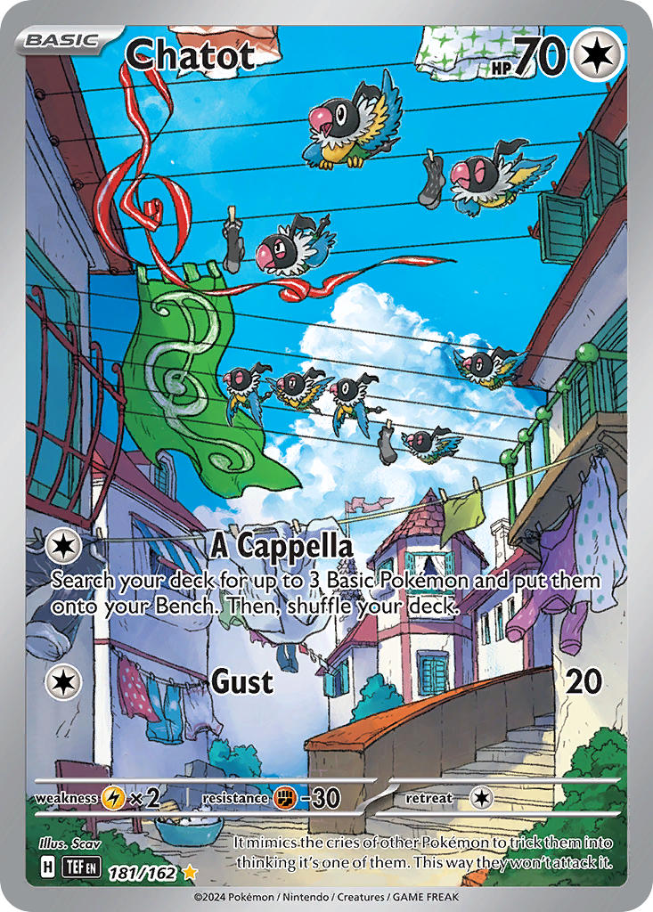 animal_focus artist_name bench bird blue_sky building bush card_(medium) character_name chatot closed_eyes closed_mouth clothes_pin clothesline cloud company_name copyright_name copyright_notice day english_text flying gen_4_pokemon koizumi_tetsuya nintendo no_humans official_art open_mouth open_window_shutter outdoors pants pokemon pokemon_(creature) pokemon_card pokemon_focus pokemon_tcg shirt sky stairs third-party_source trading_card treble_clef unworn_pants unworn_shirt