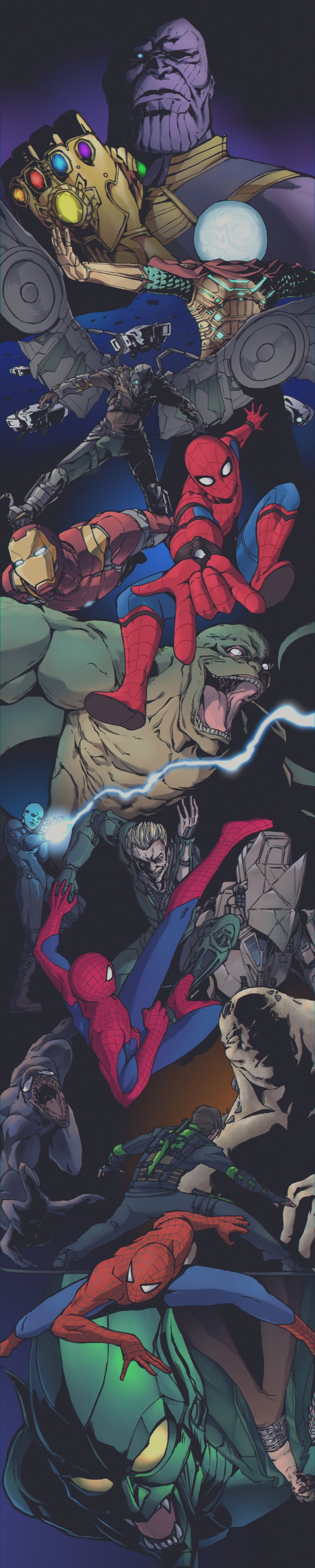 absurdres armor back bald blocking blonde_hair blue_eyes blue_skin bodysuit bomber_jacket brown_hair brown_pants cape chikidney collarbone colored_skin doctor_octopus drone electricity electro_(spider-man) electrokinesis flying gauntlets glasses glowing glowing_eyes green_armor green_goblin green_jacket hand_up harry_osborn helmet highres infinity_gauntlet infinity_gems iron_man jacket kicking legs_apart lightning lizard_(marvel) lizardman long_image marvel marvel_cinematic_universe mask mechanical_wings multicolored_background multiple_boys multiple_persona muscular mysterio no_pupils open_mouth outstretched_arms pants power_armor punch_catch purple_skin rhino_(marvel) sand sandman_(marvel) shaded_face sharp_teeth sleeveless spandex spider-man spider-man:_far_from_home spider-man:_homecoming spider-man_(series) spider-man_1_(2002) spider-man_2 spider-man_3 sunglasses superhero_costume superhero_landing symbiote tail tall_image teeth thanos the_amazing_spider-man the_amazing_spider-man_2 thigh_strap tony_stark upside-down venom_(marvel) vulture_(marvel) weapon weapon_on_back wings