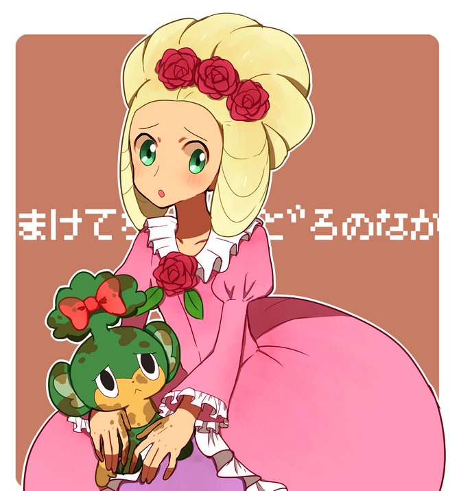 1boy ako_(ako0905) blonde_hair blush border brown_background cilan_(pokemon) creatures_(company) crossdressing dirty dress flower game_freak gen_5_pokemon green_eyes hair_flower hair_ornament juliet_sleeves long_sleeves looking_at_viewer male_focus nintendo open_mouth pansage pink_dress pokemon pokemon_(anime) pokemon_bw098 pokemon_bw_(anime) puffy_sleeves red_flower red_rose rose white_border wig