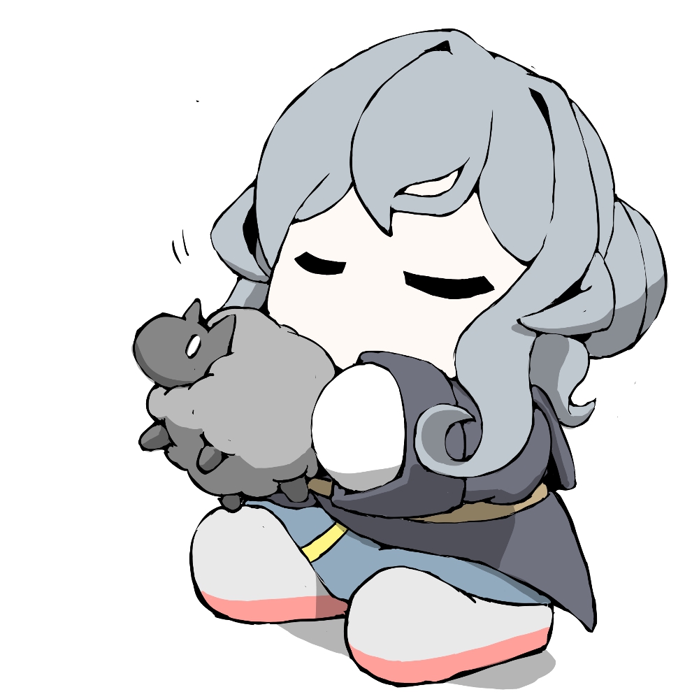 1girl black_sheep blue_coat blue_hair blue_skirt chibi closed_eyes coat gotland_(kancolle) hair_bun kantai_collection long_coat long_hair overcoat sheep simple_background single_hair_bun skirt stuffed_animal stuffed_toy task_(s_task80) toy