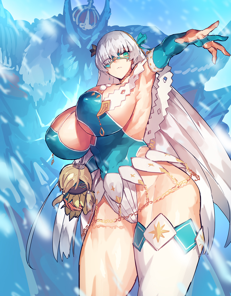 1boy 1girl alternate_breast_size alternate_costume anastasia_(fate) armpits blue_eyes breasts doll domino_mask fate/grand_order fate_(series) gloves holding holding_doll huge_breasts ivan_the_terrible_(fate) long_hair mask melon22 muscular muscular_female outstretched_arm partially_fingerless_gloves single_thighhigh thighhighs very_long_hair white_hair