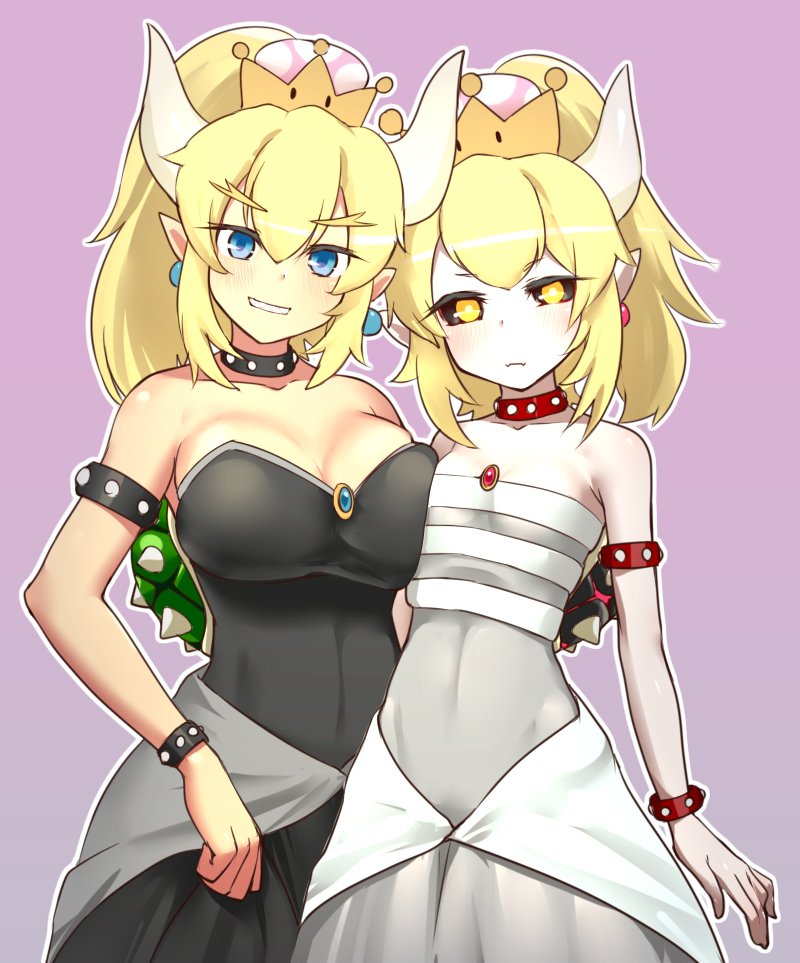 2girls artist_request asymmetrical_docking bare_shoulders black_dress black_sclera blonde_hair blush bowsette bracelet breast_press character_request closed_mouth collar colored_sclera dress dry_bowser fangs fangs_out flat_chest horns jewelry looking_at_viewer mario_(series) multiple_girls nintendo outline pale_skin pink_background pointy_ears ponytail simple_background smile spiked_bracelet spiked_collar spikes standing standing_on_one_leg super_crown white_dress white_outline yellow_eyes