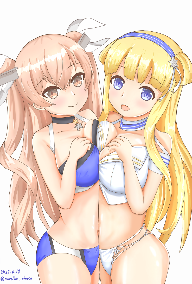2girls asymmetrical_docking bikini blonde_hair blue_bikini blue_hairband breast_press breasts brown_eyes brown_hair cleavage dated detached_collar double_bun fletcher_(kancolle) fletcher_(swimsuit)_(kancolle) folded_hair hair_bun hair_ornament hair_ribbon hairband johnston_(kancolle) johnston_kai_(swimsuit)_(kancolle) kantai_collection large_breasts long_hair looking_at_viewer macallan multi-strapped_bikini_bottom multiple_girls purple_eyes ribbon simple_background star_(symbol) star_hair_ornament swimsuit two_side_up white_background white_bikini