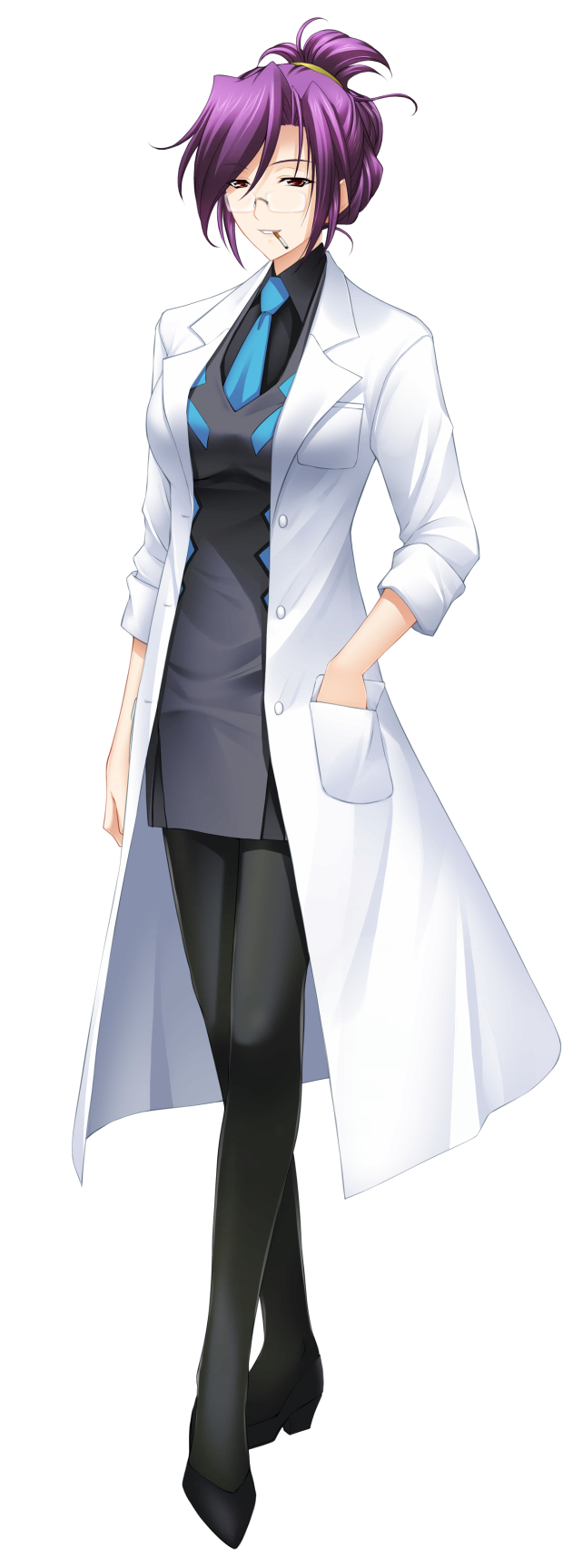 1girl belt bra breasts chalkboard covered_erect_nipples crop_top female_focus game_cg hand_on_own_hip highres hip_focus kouzuki_motoko kouzuki_yuuko large_breasts lingerie midriff muv-luv muv-luv_alternative pointer purple_eyes purple_hair smile solo teacher underwear