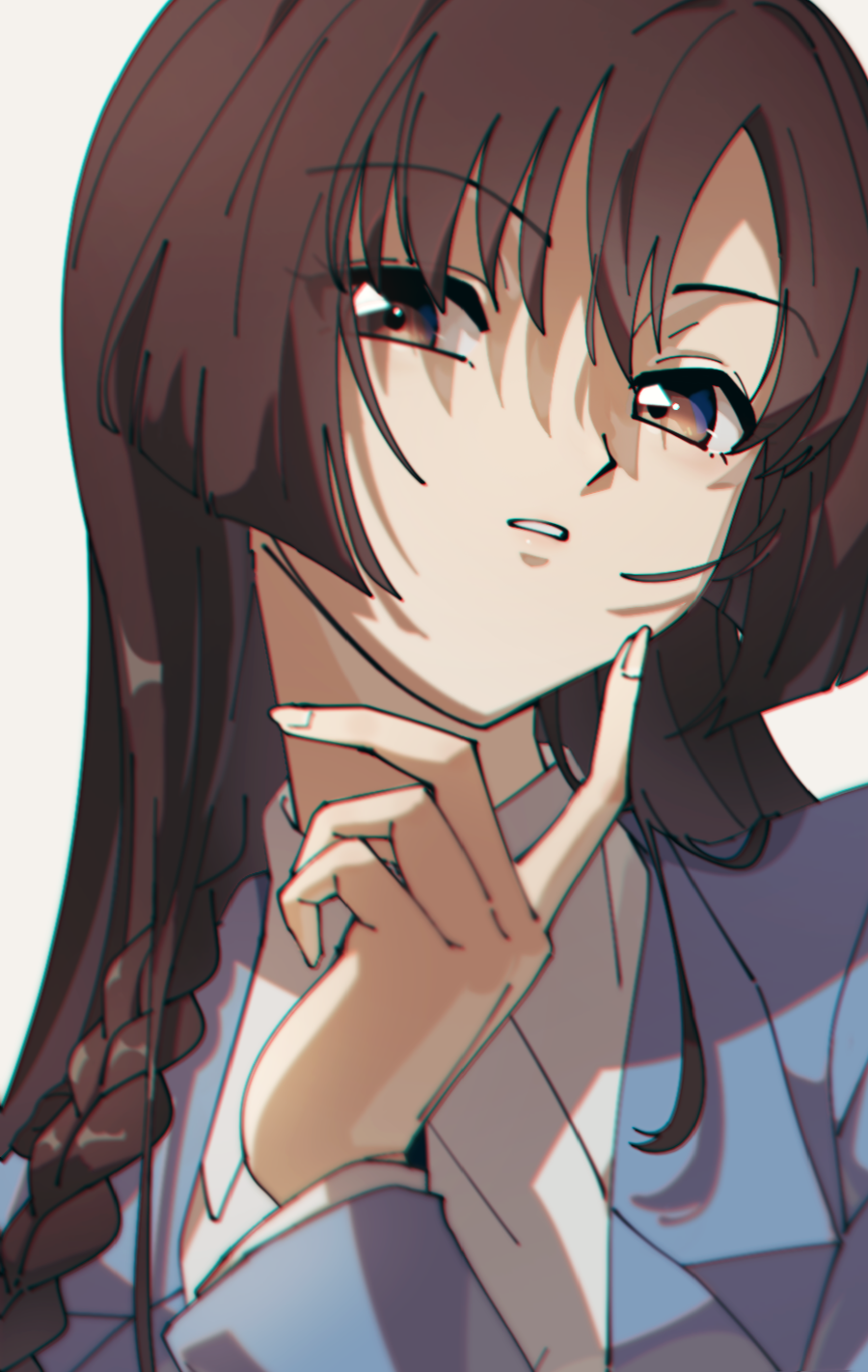 1girl akizuki_nakuru blazer blue_jacket braid brown_eyes brown_hair cardcaptor_sakura collared_shirt hair_between_eyes head_tilt highres jacket long_hair long_sleeves nzeneee parted_lips portrait school_uniform shirt single_braid solo tomoeda_high_school_uniform white_background white_shirt wing_collar