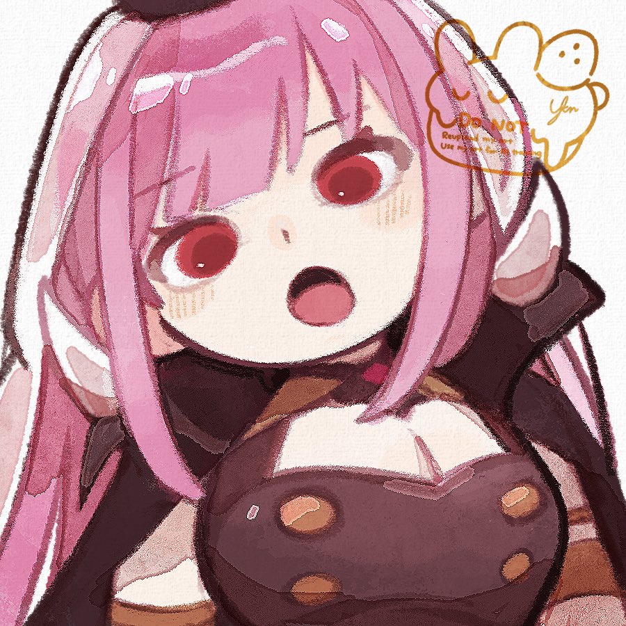 1girl breasts head_tilt hololive hololive_english large_breasts looking_at_viewer mori_calliope mori_calliope_(1st_costume) open_mouth pink_hair red_eyes solo veil virtual_youtuber watermark yknsugar