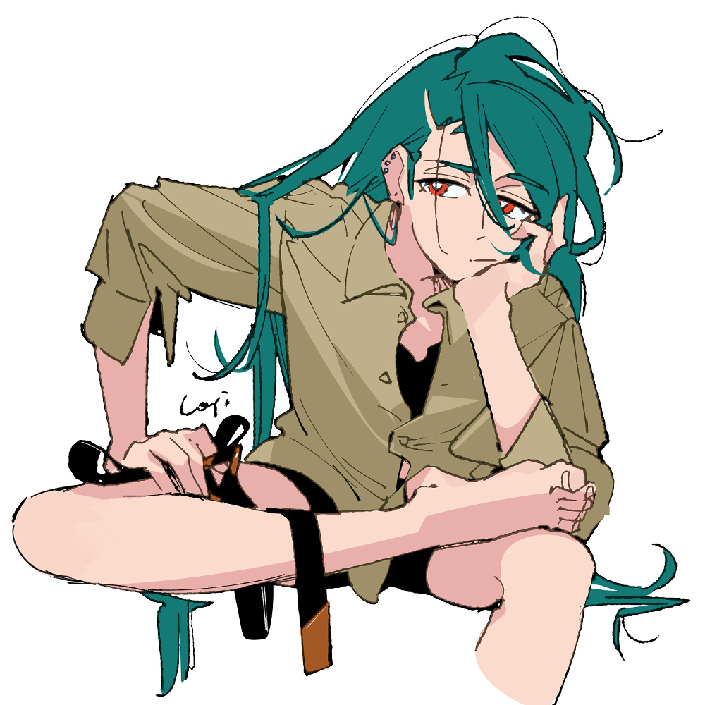 1girl aqua_hair barefoot black_shorts bright_pupils brown_shirt ear_piercing foot_out_of_frame green_hair hair_down hand_on_own_cheek hand_on_own_face head_rest holding_necktie logi_bunbukucha long_hair looking_to_the_side necktie nintendo piercing pokemon pokemon_sv red_eyes rika_(pokemon) shirt shorts sideways_glance signature simple_background sitting solo unworn_necktie white_background white_pupils