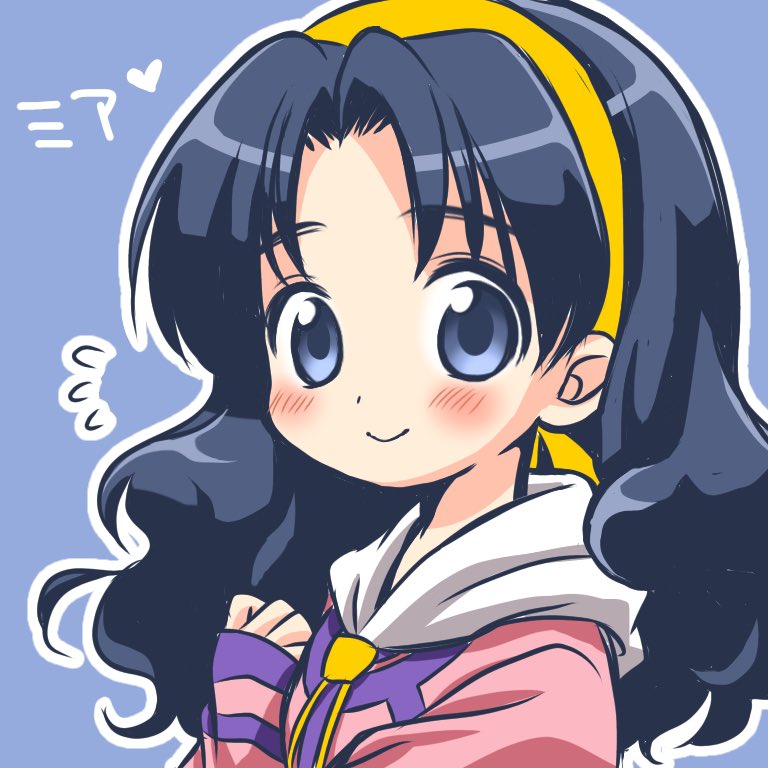 1girl blue_eyes blue_hair blush chibi closed_mouth curly_hair dress hairband long_hair looking_at_viewer lunar lunar:_the_silver_star mia_ausa pink_dress simple_background smile solo yellow_hairband yukiyo_kato