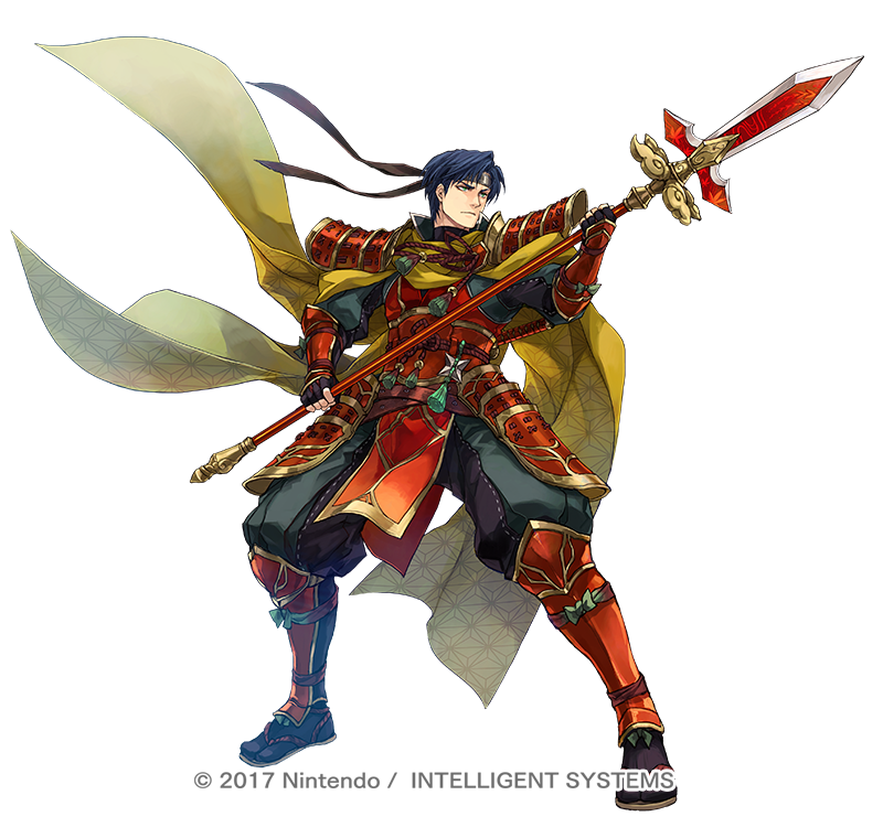 1boy armor attack black_gloves black_hair cape copyright_notice fingerless_gloves fire_emblem fire_emblem:_radiant_dawn fire_emblem_heroes gloves hagiya_kaoru headband holding holding_polearm holding_weapon japanese_armor japanese_clothes male_focus nintendo official_alternate_costume official_art pelvic_curtain polearm short_hair shoulder_armor solo v-shaped_eyebrows weapon white_background yellow_cape zelgius_(fire_emblem) zelgius_(ninja)_(fire_emblem)