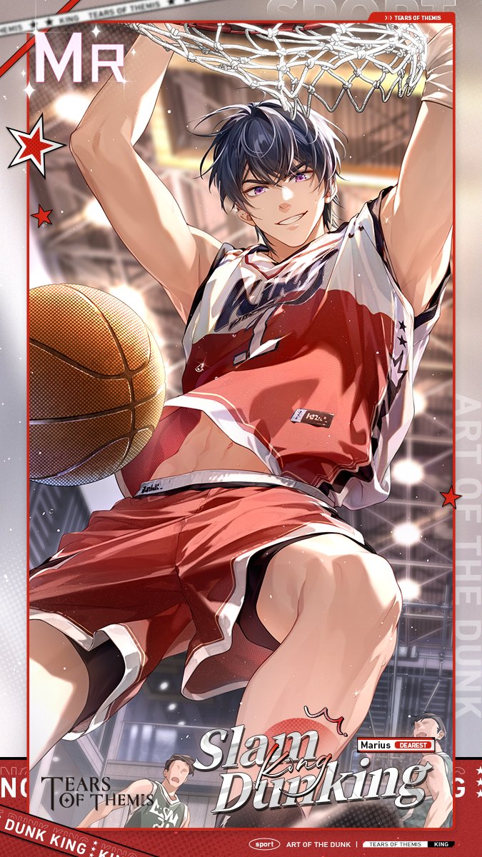 3boys arms_up ball bare_arms bare_shoulders basketball basketball_(object) basketball_court basketball_hoop basketball_jersey basketball_uniform bike_shorts black_hair black_shorts commentary english_commentary faceless faceless_male grin highres indoors male_focus marius_von_hagen_(tears_of_themis) multiple_boys navel official_art purple_eyes red_shorts shorts shorts_under_shorts smile solo_focus sportswear star_(symbol) tears_of_themis v-shaped_eyebrows