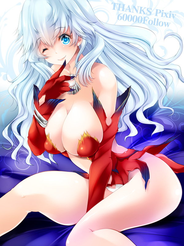 1girl artemis_(fate) artemis_(third_ascension)_(fate) bare_shoulders blue_eyes breasts cleavage collarbone fate/grand_order fate_(series) female_focus jewelry large_breasts long_hair looking_at_viewer maki_(seventh_heaven_maxion) one_eye_closed open_mouth smile solo white_hair
