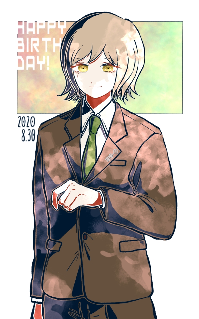 1boy arm_at_side brown_background brown_eyes brown_hair brown_jacket brown_pants closed_mouth collared_shirt commentary_request cowboy_shot danganronpa_(series) danganronpa_3_(anime) dated formal_clothes green_necktie hand_up happy_birthday jacket kiri_(2htkz) long_sleeves looking_at_viewer male_focus mitarai_ryota necktie pants shirt short_hair smile solo translation_request white_background white_shirt