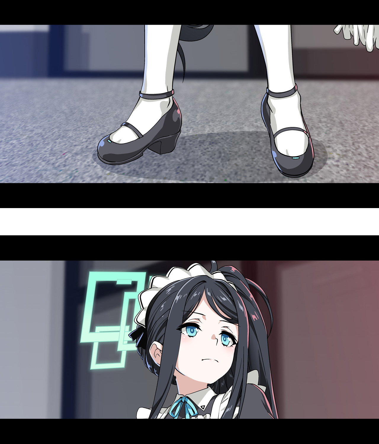 1girl apron aqua_ribbon aris_(blue_archive) aris_(maid)_(blue_archive) black_footwear blue_archive borrowed_clothes comic feet halo henshako highres letterboxed looking_to_the_side maid_headdress mary_janes multiple_views official_alternate_costume one_side_up pantyhose parody ribbon shoes sidelocks silent_comic terminator_(series) terminator_2:_judgment_day white_apron white_pantyhose