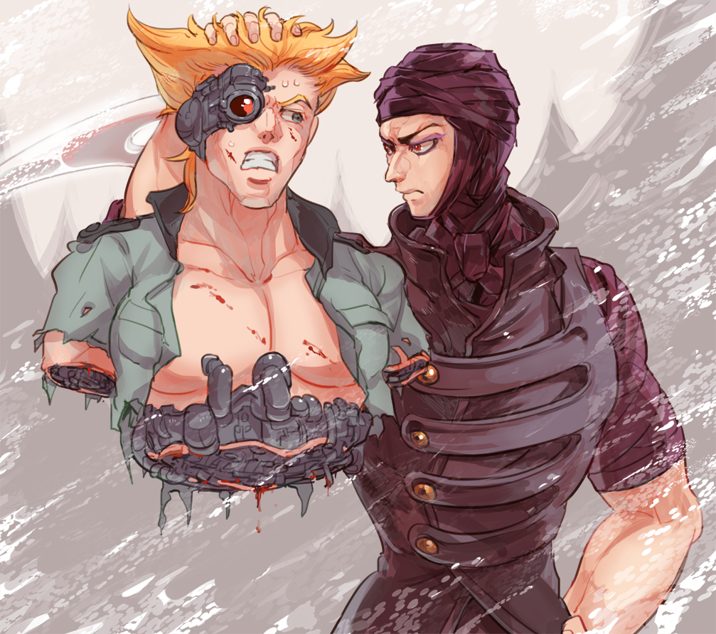2boys bad_id bad_pixiv_id blonde_hair blood chocoblood cyborg eyeshadow flattop frown green_eyes hand_on_own_hip headdress holding jojo_no_kimyou_na_bouken kars_(jojo) makeup manly missing_limb multiple_boys red_eyes rudolph_von_stroheim sweat