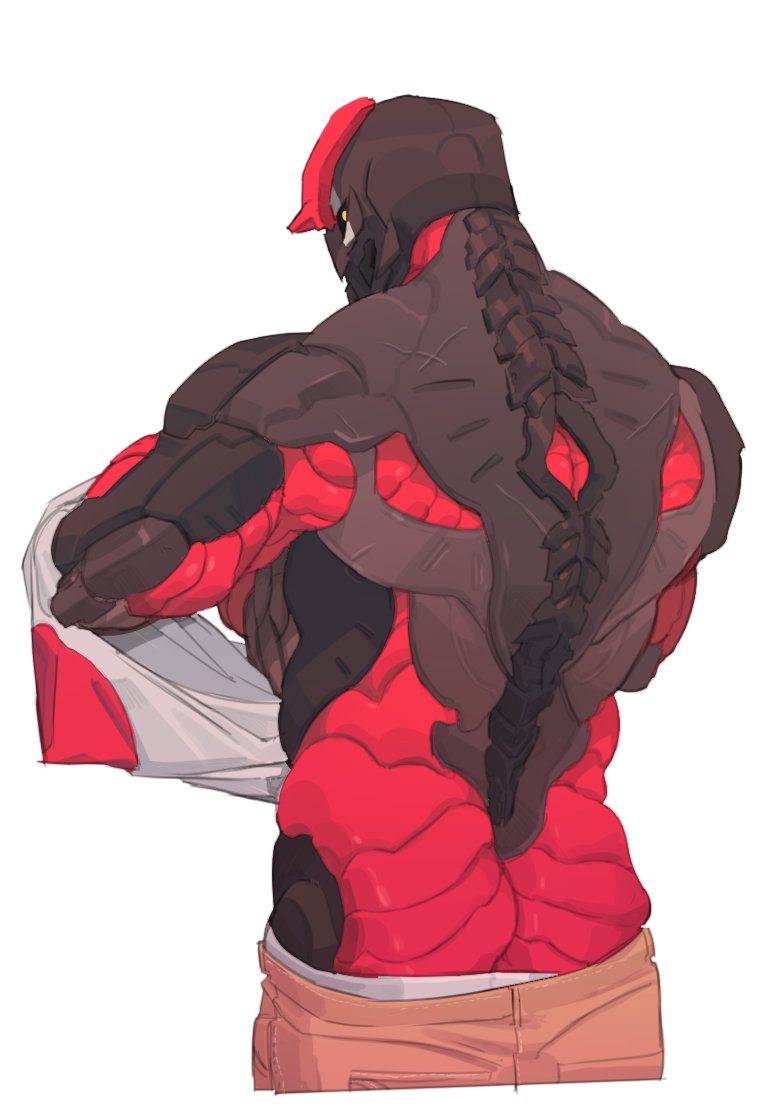 1boy ass back bara boop_dega broad_shoulders destiny_(game) glowing glowing_eyes horns humanoid_robot joints looking_at_viewer loose_pants male_focus muscular muscular_male no_humans original pants robot robot_joints small_horns solo undressing yellow_eyes
