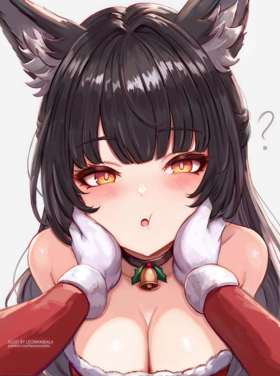 1girl ? animal_ear_fluff animal_ears bell breasts cleavage fox_ears fox_girl gloves highres hoshimi_miyabi leonmandala neck_bell pov pov_hands simple_background upper_body white_background white_gloves zenless_zone_zero