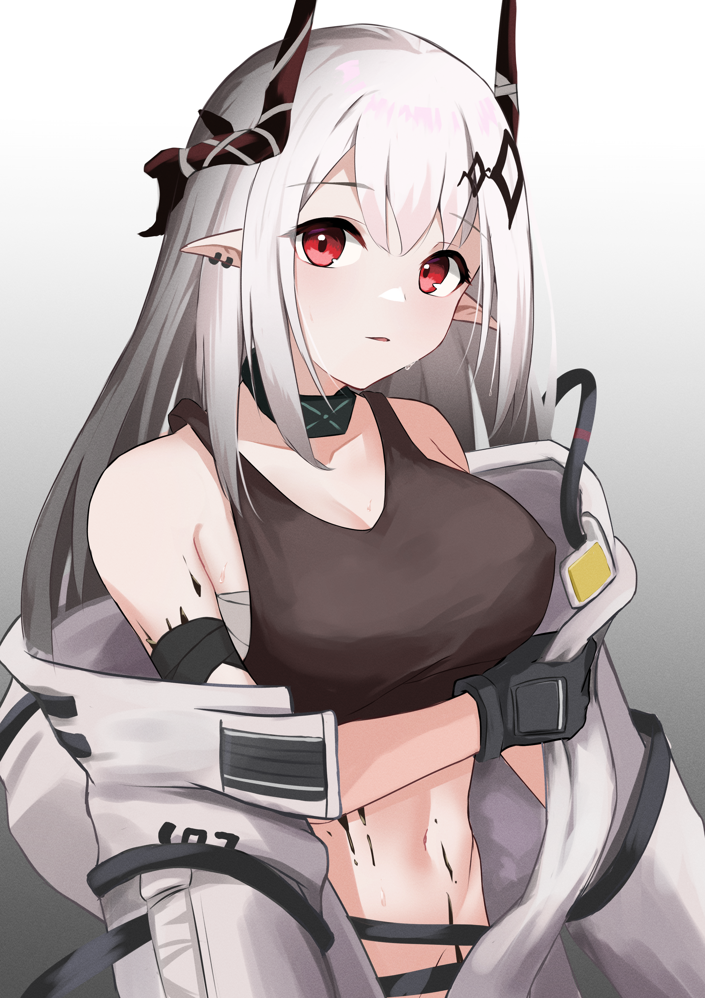 1girl absurdres arknights bandaged_arm bandages bare_shoulders black_gloves breasts brown_horns brown_sports_bra chest_sarashi cleavage commentary crop_top ear_piercing gloves gradient_background grey_background grey_hair highres horns infection_monitor_(arknights) large_breasts long_hair looking_at_viewer material_growth mudrock_(arknights) mudrock_(elite_ii)_(arknights) navel nekomatamago oripathy_lesion_(arknights) parted_lips piercing pointy_ears red_eyes sarashi sleeveless solo sports_bra sweat undressing white_background