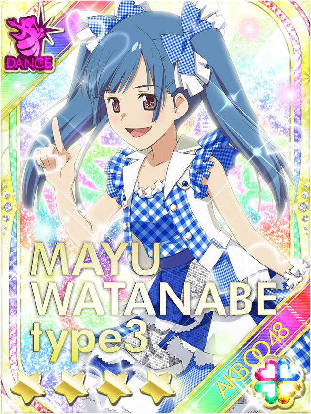 1girl :d akb0048 blue_bow blue_dress blue_hair bow brown_eyes card_(medium) character_name copyright_name cowboy_shot dress frilled_dress frills gingham_bow gingham_dress hair_bow heart idol_clothes index_finger_raised jacket long_hair looking_at_viewer non-circular_lens_flare non-web_source official_art open_clothes open_jacket open_mouth short_sleeves smile solo sparkle standing star_(symbol) three_quarter_view twintails watanabe_mayu_(akb0048)