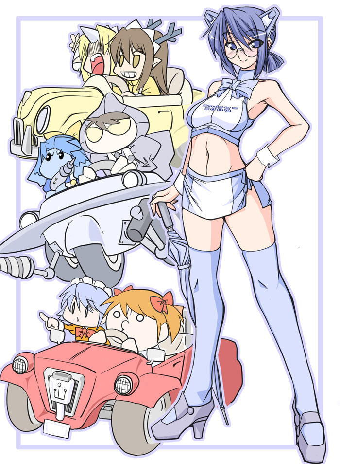 2k-tan 3m 6+girls bad_id bad_pixiv_id bare_shoulders blonde_hair blue_eyes blue_hair blue_skin border bow brown_hair car ce-tan chikoi colored_skin crossover dragon_horns drill driving energy_gun futaba_channel glasses grin hair_bow hand_on_own_hip high_heels horns inui kirin_(nijiura_maids) kouryuu_(nijiura_maids) left-hand_drive light_purple_hair long_hair maid_headdress matching_hair/eyes microskirt midriff miniskirt motor_vehicle multiple_girls navel nijiura_maids o3o o_o orange_hair os-tan outline outside_border platform_footwear pointing ponytail race_queen ray_gun ruriwo_(ruriwo1894) scared short_hair short_ponytail side_slit sidelocks simple_background single_horn skirt smile standing tank_top thighhighs twintails ufo umbrella usb weapon white_background wrist_cuffs yellow_eyes zettai_ryouiki