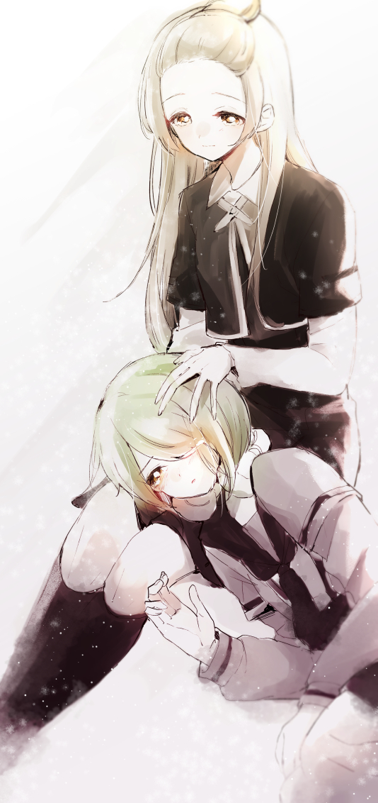 2girls azumi_hagumu daito_academy_school_uniform forehead green_eyes green_hair hair_over_one_eye hand_on_another&#039;s_head headphones kneehighs kosho_academy_school_uniform lap_pillow long_sleeves lying magia_record:_mahou_shoujo_madoka_magica_gaiden magical_girl mahou_shoujo_madoka_magica miyabi_shigure multiple_girls on_side ranan school_uniform sitting socks yuri