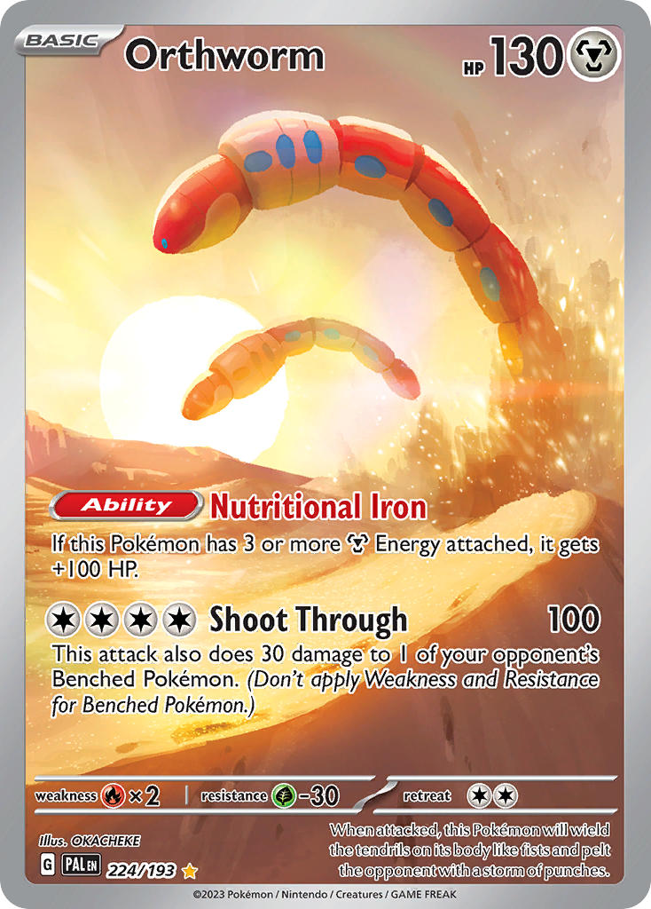 animal_focus artist_name card_(medium) character_name closed_mouth company_name copyright_name copyright_notice english_text from_side midair nintendo no_humans official_art okacheke orthworm pokemon pokemon_(creature) pokemon_card pokemon_focus pokemon_tcg sand sky sun third-party_source trading_card