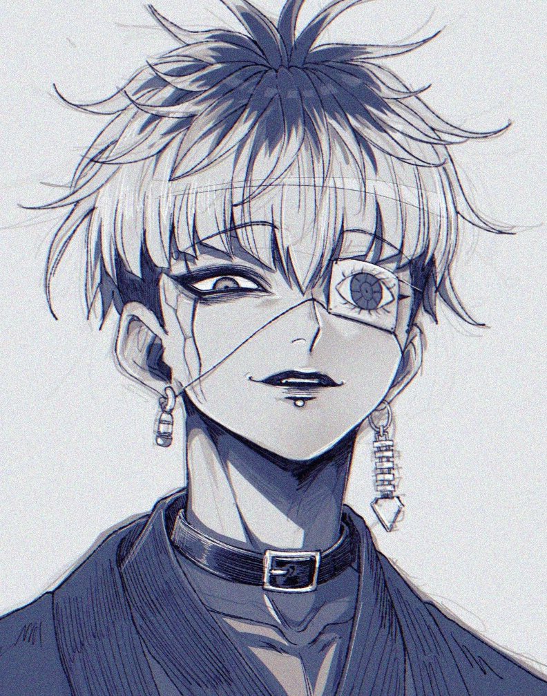 1boy black_choker chamuchai chin_piercing choker collarbone cracked_skin earrings eye_print eyepatch face_piercing greyscale jewelry looking_at_viewer male_focus monochrome omokage_yugamu piercing portrait print_eyepatch short_hair sketch solo the_hundred_line_-last_defense_academy-