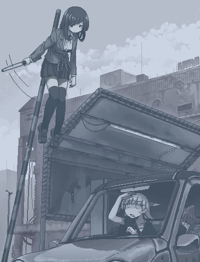3girls blazer blue_theme boom_barrier breasts building car comedic_sweatdrop dithering driving expressionless hamsterfragment hand_up hanging holding jacket jaggy_lines lamppost lapels long_sleeves medium_hair miniskirt monochrome motion_lines motor_vehicle multiple_girls notched_lapels open_mouth original outdoors pleated_skirt road_sign rope sanpaku school_uniform shading_eyes shirt short_sleeves sign sitting skirt suicidal_girl_(hamsterfragment) thighhighs traffic_baton waving_arm zettai_ryouiki