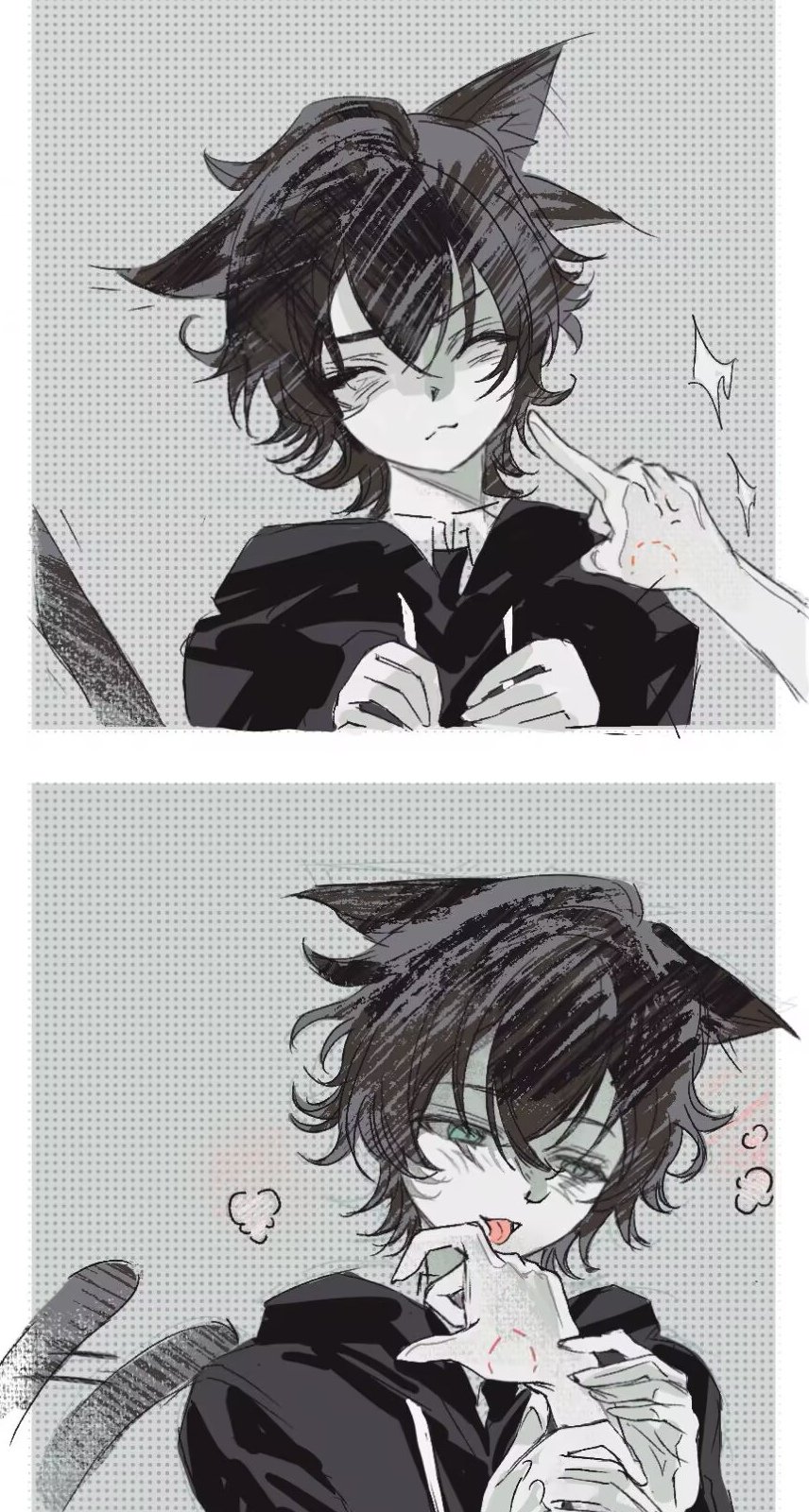 1boy 1other animal_ears bite_mark black_hair black_hoodie blush cat_boy cat_ears cat_tail closed_eyes closed_mouth collared_shirt commentary degrees_of_lewdity freesia_quan green_eyes highres hood hoodie kylar_(degrees_of_lewdity) kylar_(male)_(degrees_of_lewdity) licking long_sleeves male_focus open_mouth patterned_background player_character_(degrees_of_lewdity) puff_of_air shirt simple_background smile solo_focus symbol-only_commentary tail white_shirt