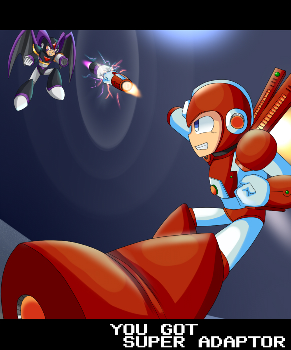 2boys arm_cannon bass_(mega_man) battle blue_eyes capcom flying helmet joints mega_man_(character) mega_man_(classic) mega_man_(series) mega_man_7 missile multiple_boys robot robot_ears robot_joints rocket serious transformation weapon wings