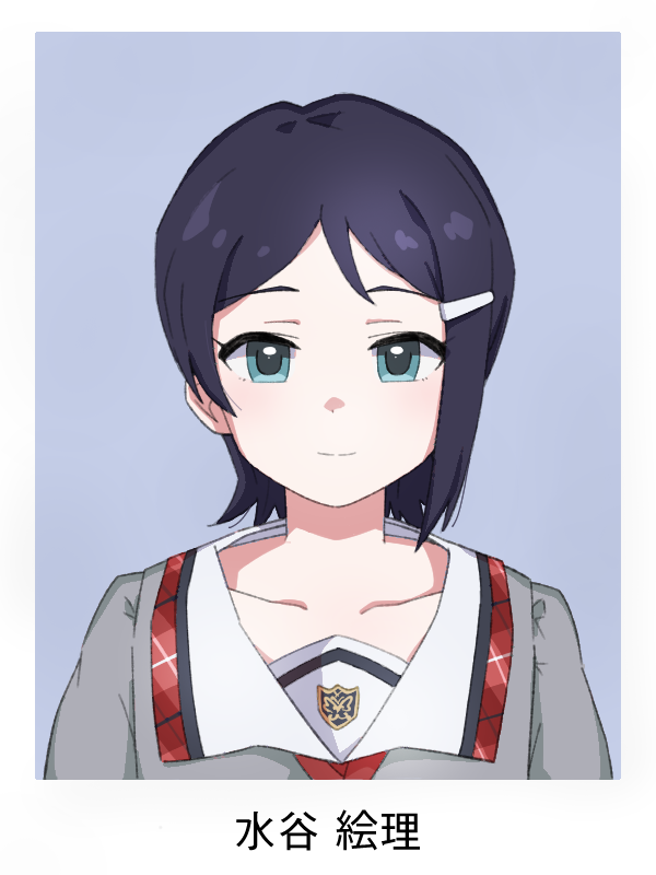 1girl aqua_eyes black_hair blue_background blush character_name closed_mouth collar collarbone collared_shirt dot_nose eyelashes grey_shirt hair_ornament hairpin id_photo idolmaster idolmaster_dearly_stars idolmaster_million_live! idolmaster_million_live!_theater_days light_smile mizutani_eri official_alternate_costume ohgi910 parted_bangs portrait school_uniform shirt sidelocks simple_background solo straight-on upper_body white_collar
