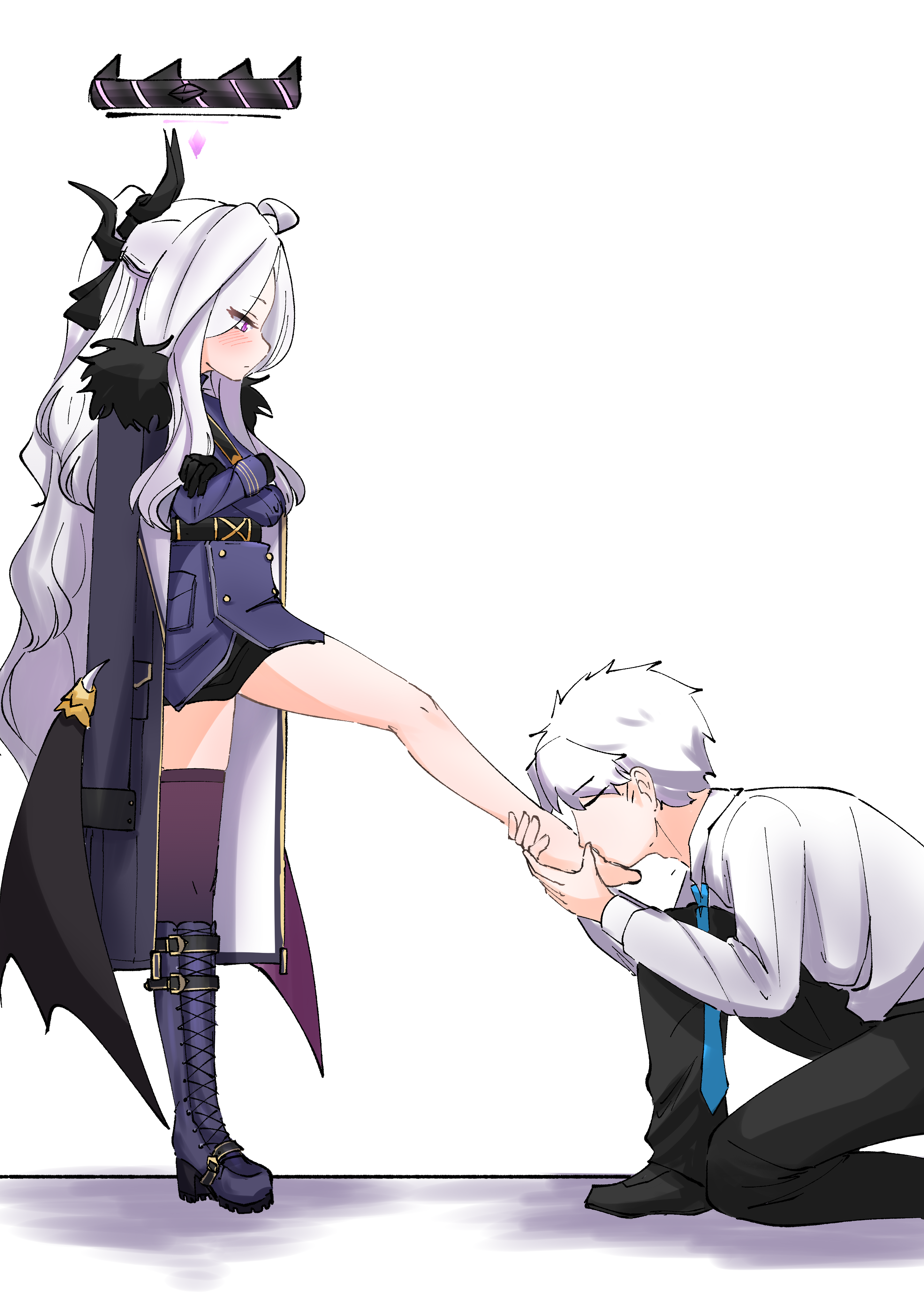 1boy 1girl absurdres barefoot black_horns black_wings blue_archive blue_necktie boots closed_eyes demon_girl demon_horns demon_wings halo highres hina_(blue_archive) horns kissing_foot long_hair low_wings multiple_horns necktie sensei_(blue_archive) short_hair white_background white_hair wings zenome_leon