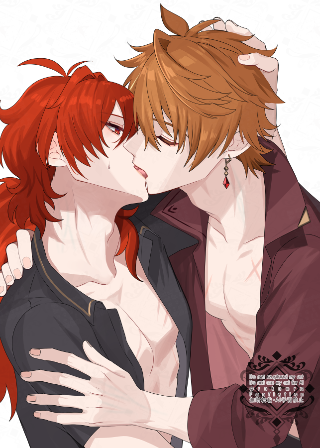2boys abs black_shirt closed_eyes diluc_(genshin_impact) earrings french_kiss genshin_impact hair_between_eyes hiki_yuichi jewelry kiss long_hair male_focus multiple_boys muscular muscular_male open_clothes open_shirt orange_hair ponytail red_eyes red_hair red_shirt scar scar_on_chest shirt short_hair single_earring tartaglia_(genshin_impact) tongue tongue_out white_background yaoi