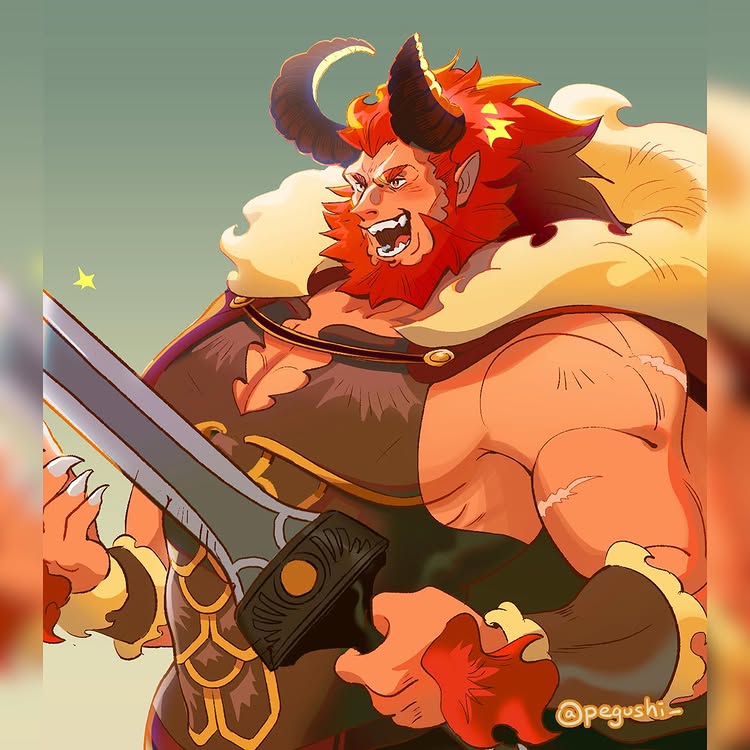 1boy artist_name bad_link bara beard cape centauroid claws close-up commentary cropped english_commentary facial_hair fangs fate_(series) fur-trimmed_cape fur_trim holding holding_sword holding_weapon horns iskandar_(fate) lynel male_focus muscular muscular_male open_mouth pectorals pegushi pointy_ears red_hair scar scar_on_arm sword taur weapon