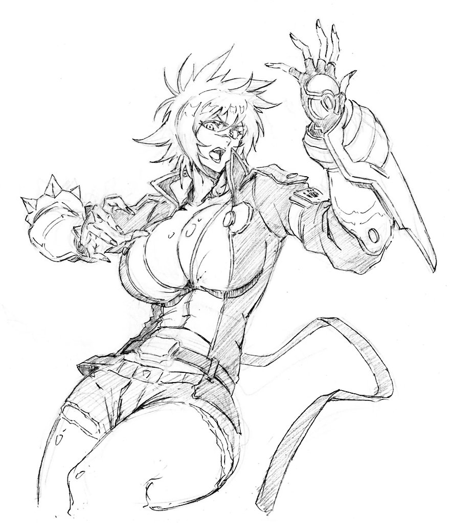 1girl arc_system_works blazblue breasts bullet_(blazblue) cleavage kubo_tite_(style) large_breasts rakusakugk solo