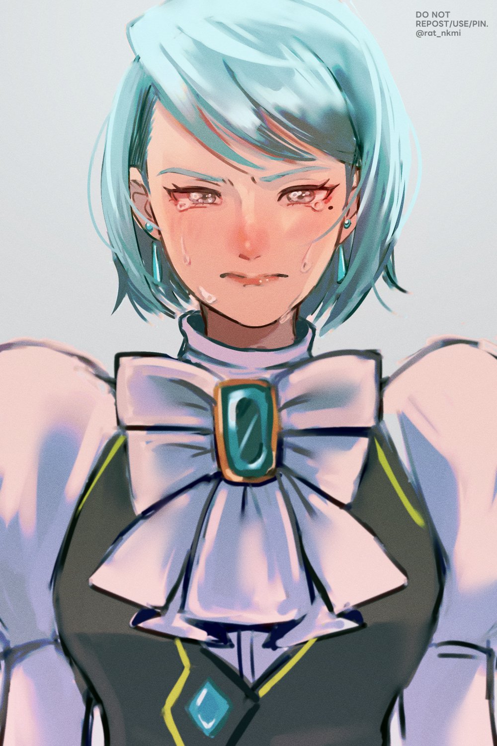 1girl ace_attorney black_vest blue_hair brown_eyes closed_mouth crying crying_with_eyes_open earrings franziska_von_karma highres jewelry juliet_sleeves long_sleeves looking_at_viewer mole mole_under_eye phoenix_wright:_ace_attorney_-_justice_for_all puffy_sleeves rat_nkmi short_hair solo tears twitter_username upper_body vest