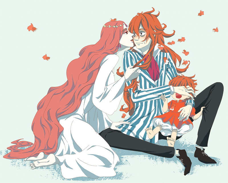 00s 1boy 2girls bags_under_eyes barefoot child couple family fujimoto gake_no_ue_no_ponyo grandmanmare hetero long_hair multiple_girls ponyo ponyo_sisters red_hair striped studio_ghibli very_long_hair